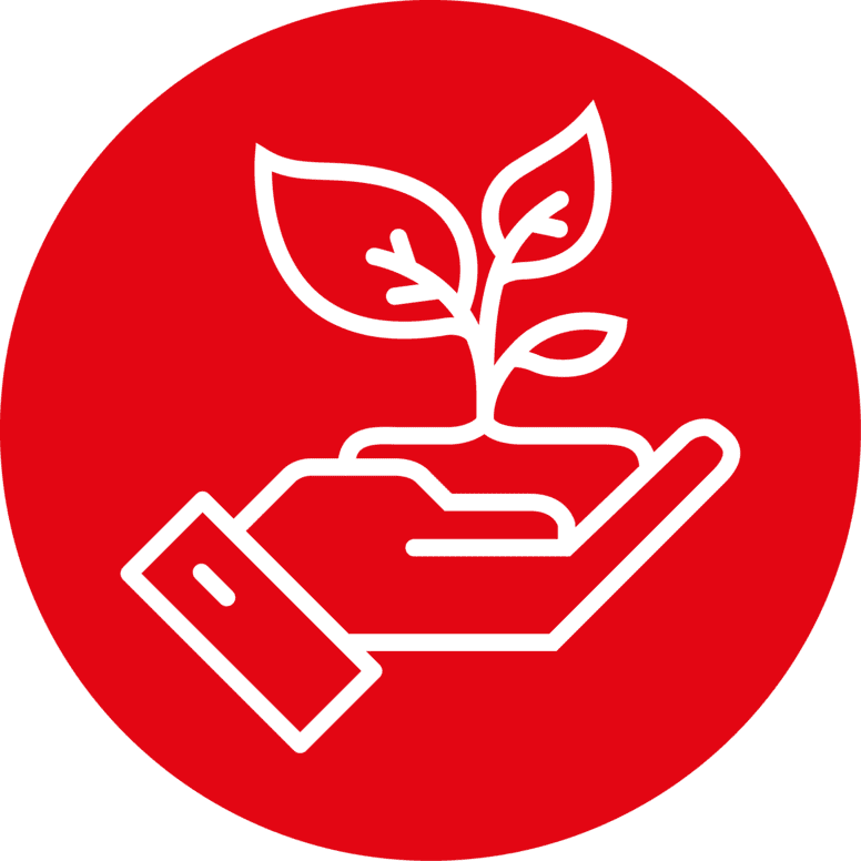 Rotes rundes Icon, das Corporate Social Responsibility und nachhaltige Logistik repräsentiert